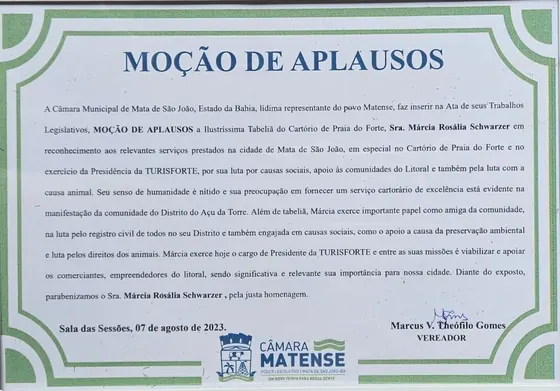 Moção de Aplausos — Câmara Municipal de Mata de São João